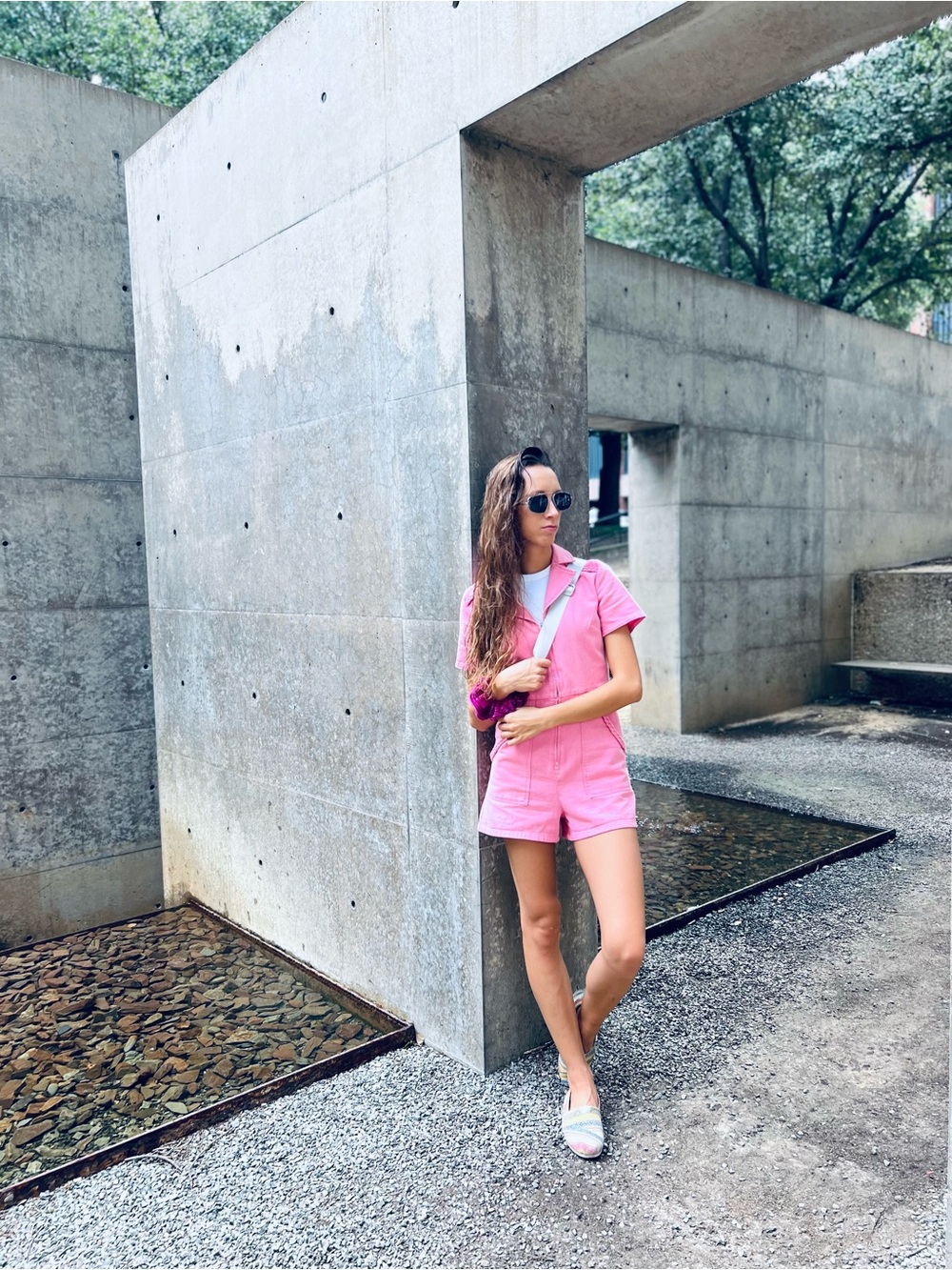 Pink Short Sleeve Romper with Front Zip & Braided Trim